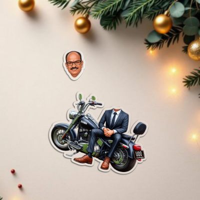 Personalized Bobblehead Caricature Figurine with Motorcycle, Custom with Funny Face Cutout Solar Powered with Moving Head for Car Dashboard & Tabletop Funny